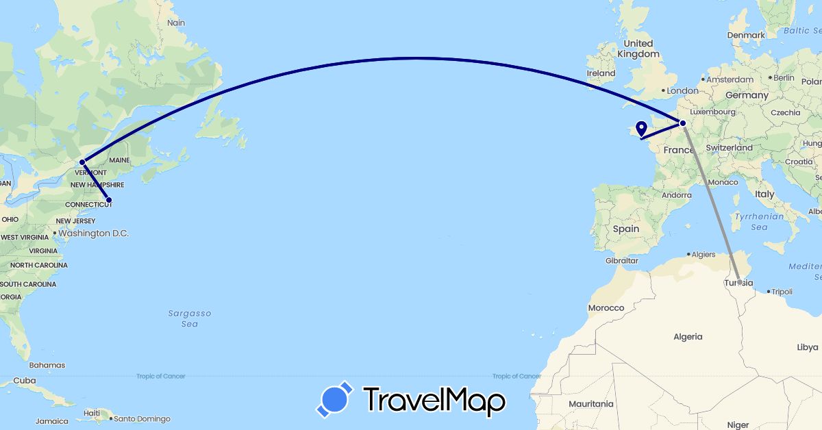 TravelMap itinerary: driving, plane in Canada, France, Tunisia, United States (Africa, Europe, North America)